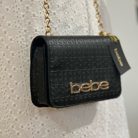 Bebe Womens shoulder strap bag Logo black Gold embossed celia Crossbody bag - Picture 4 of 13